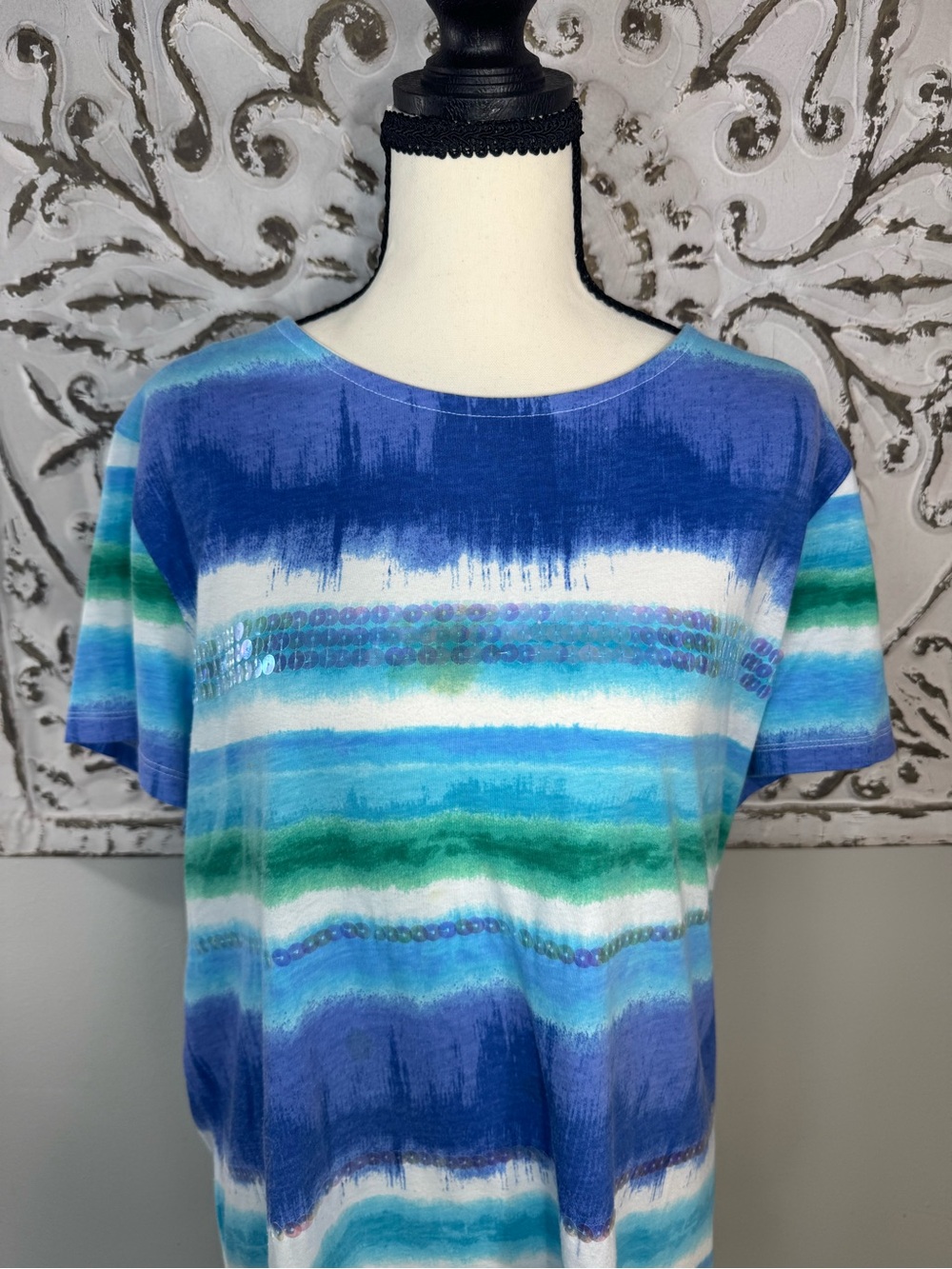 White Stag XXL 2X Blue Green Watercolor Stripe Sequin Side Tie Top Plus Size